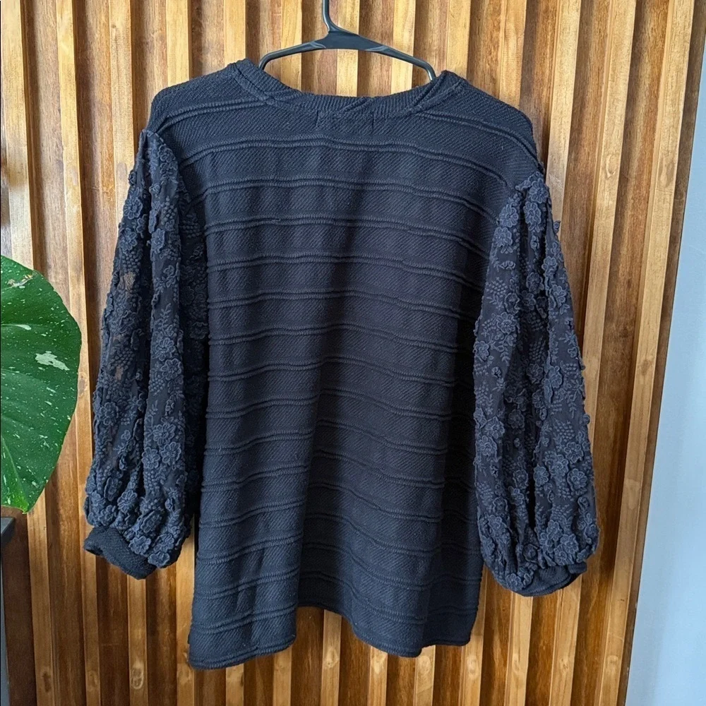 Anthropologie Eri + Ali Floral Lace Sheer Puff Sleeve Chelsea Black Blouse. L